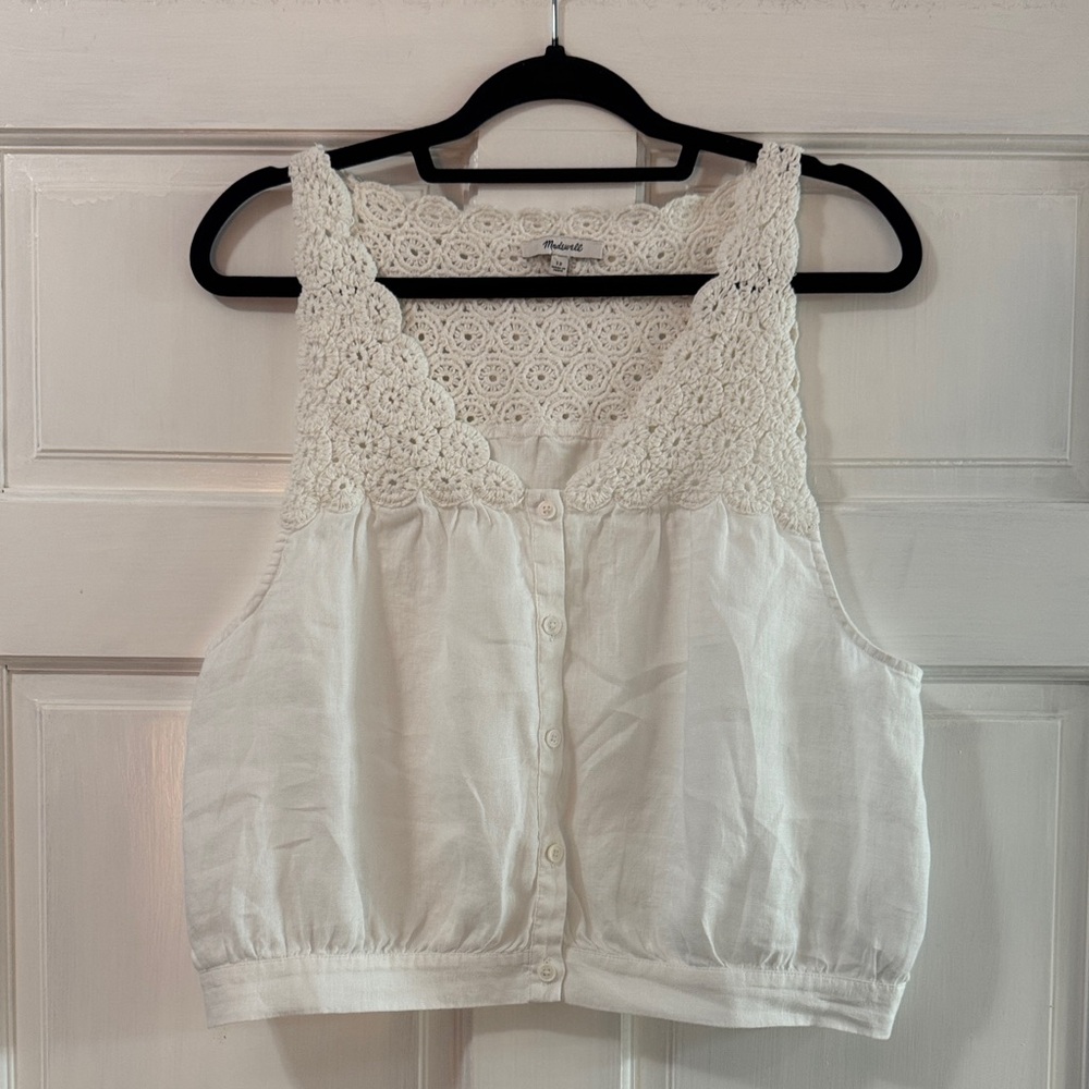 White Linen Lace Trim Top